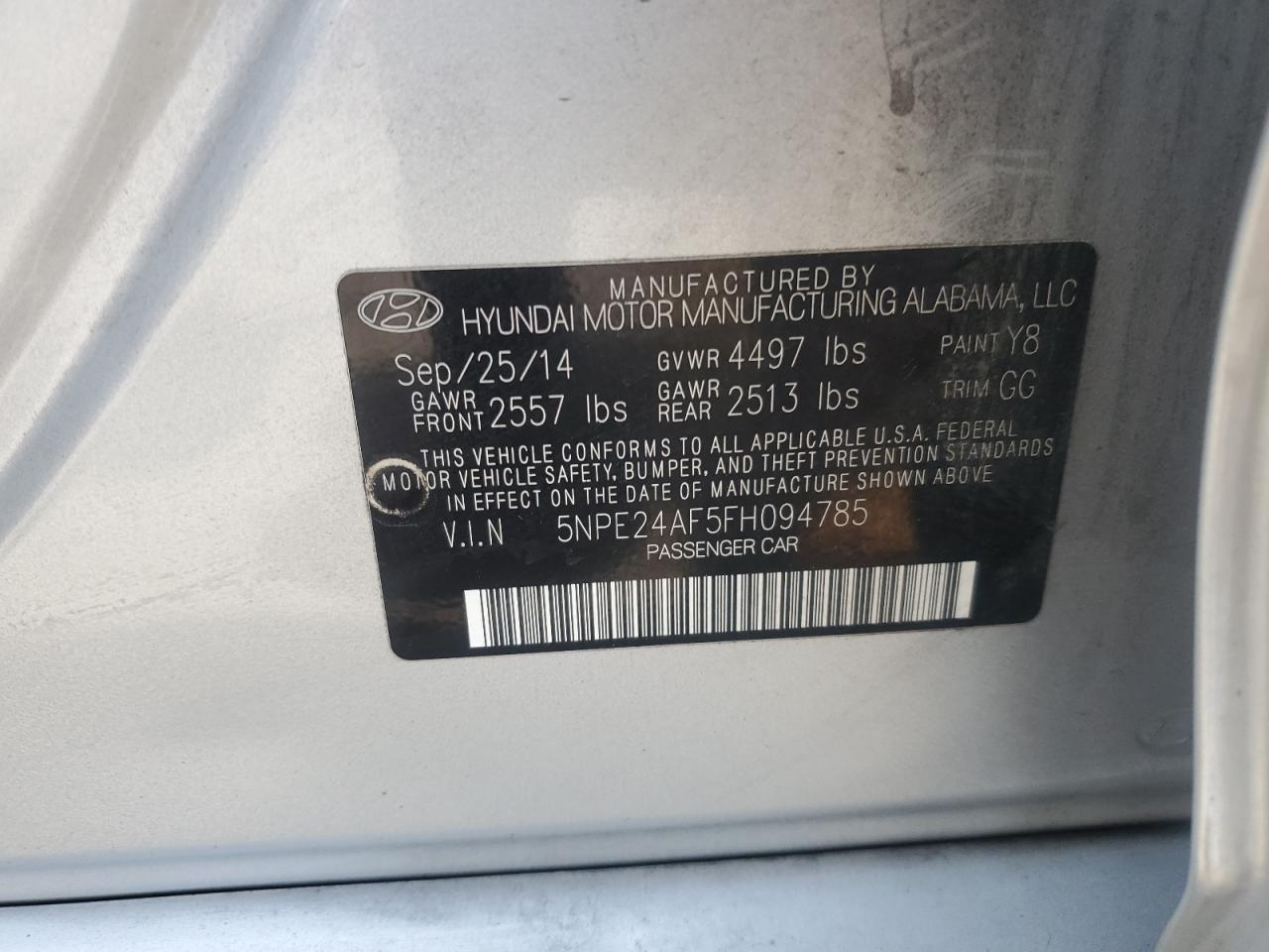 2015 Hyundai Sonata Se VIN: 5NPE24AF5FH094785 Lot: 62520645