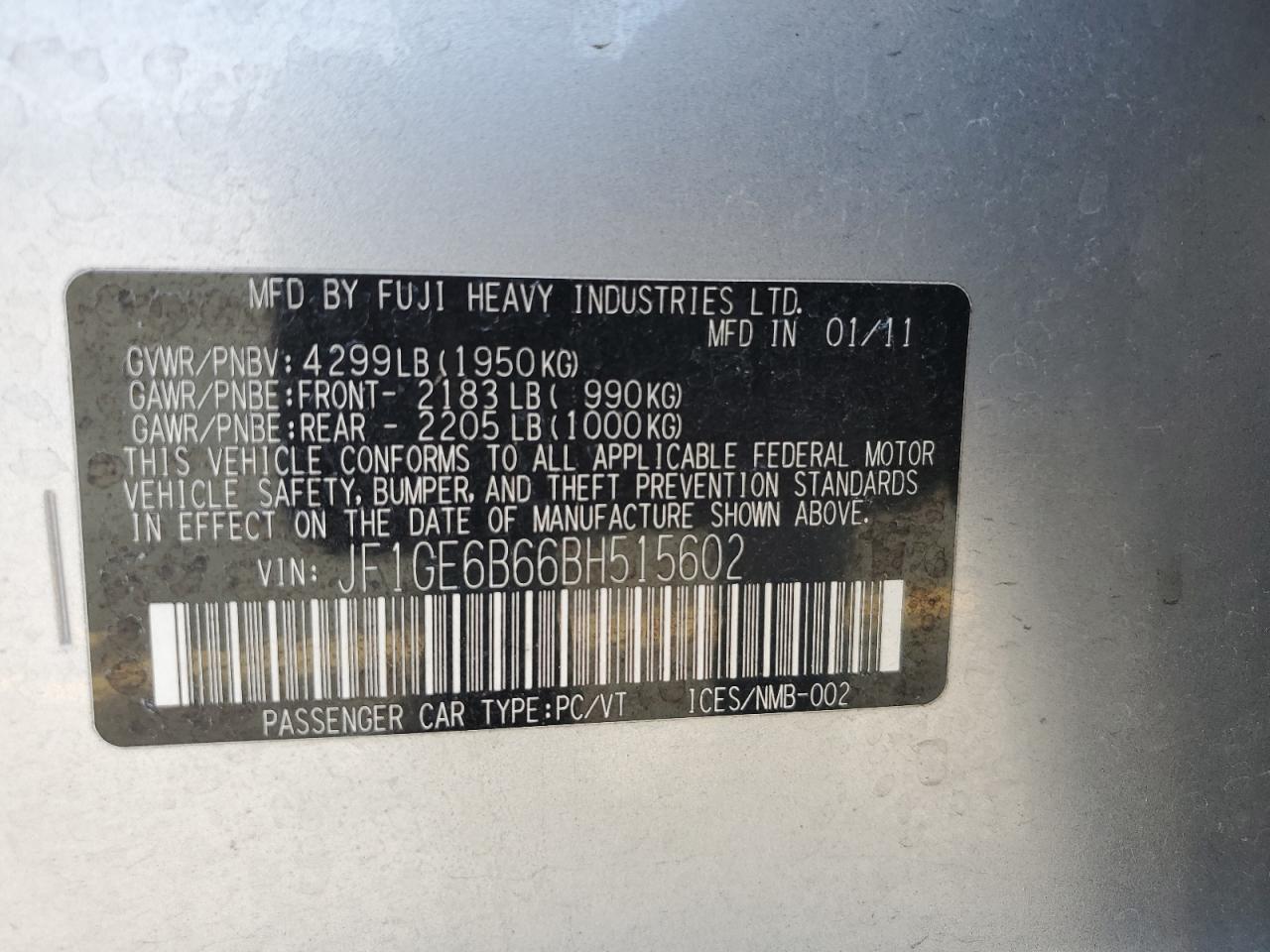 2011 Subaru Impreza 2.5I Premium VIN: JF1GE6B66BH515602 Lot: 60044225