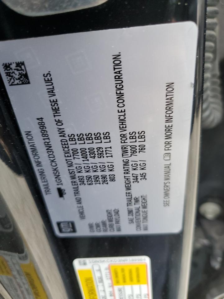 2022 Chevrolet Suburban K1500 Lt VIN: 1GNSKCKD3NR189984 Lot: 60506635