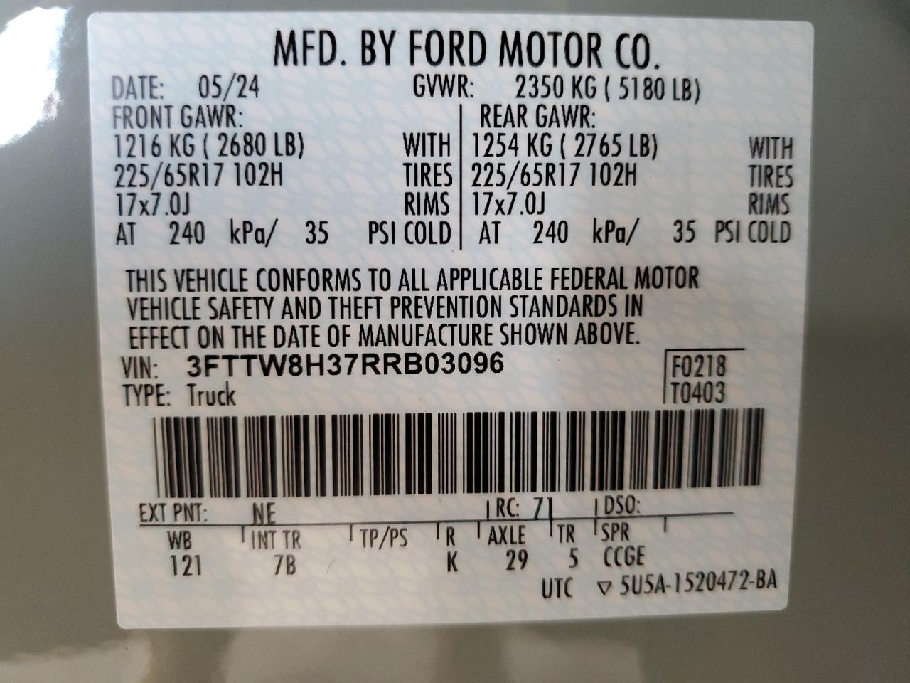 2024 Ford Maverick Xlt VIN: 3FTTW8H37RRB03096 Lot: 59818565