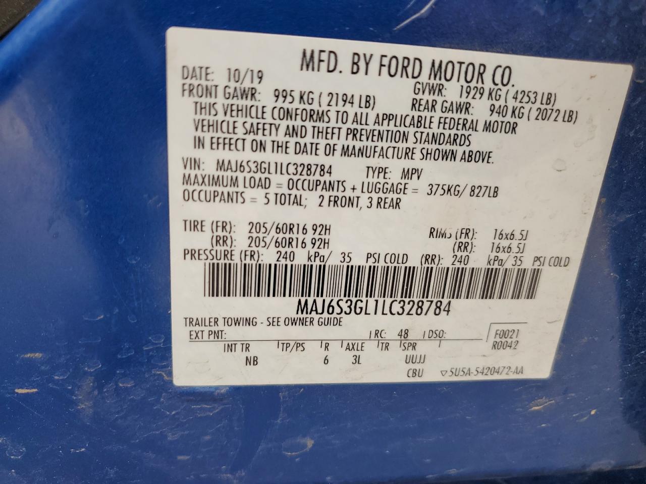 MAJ6S3GL1LC328784 FORD ECOSPORT 2020
