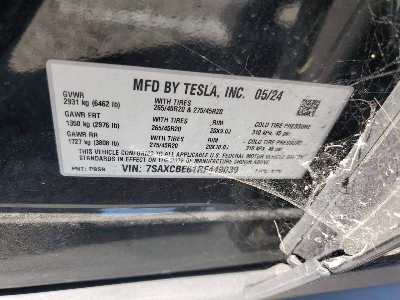 2024 Tesla Model X VIN: 7SAXCBE61RF449039 Lot: 62516085