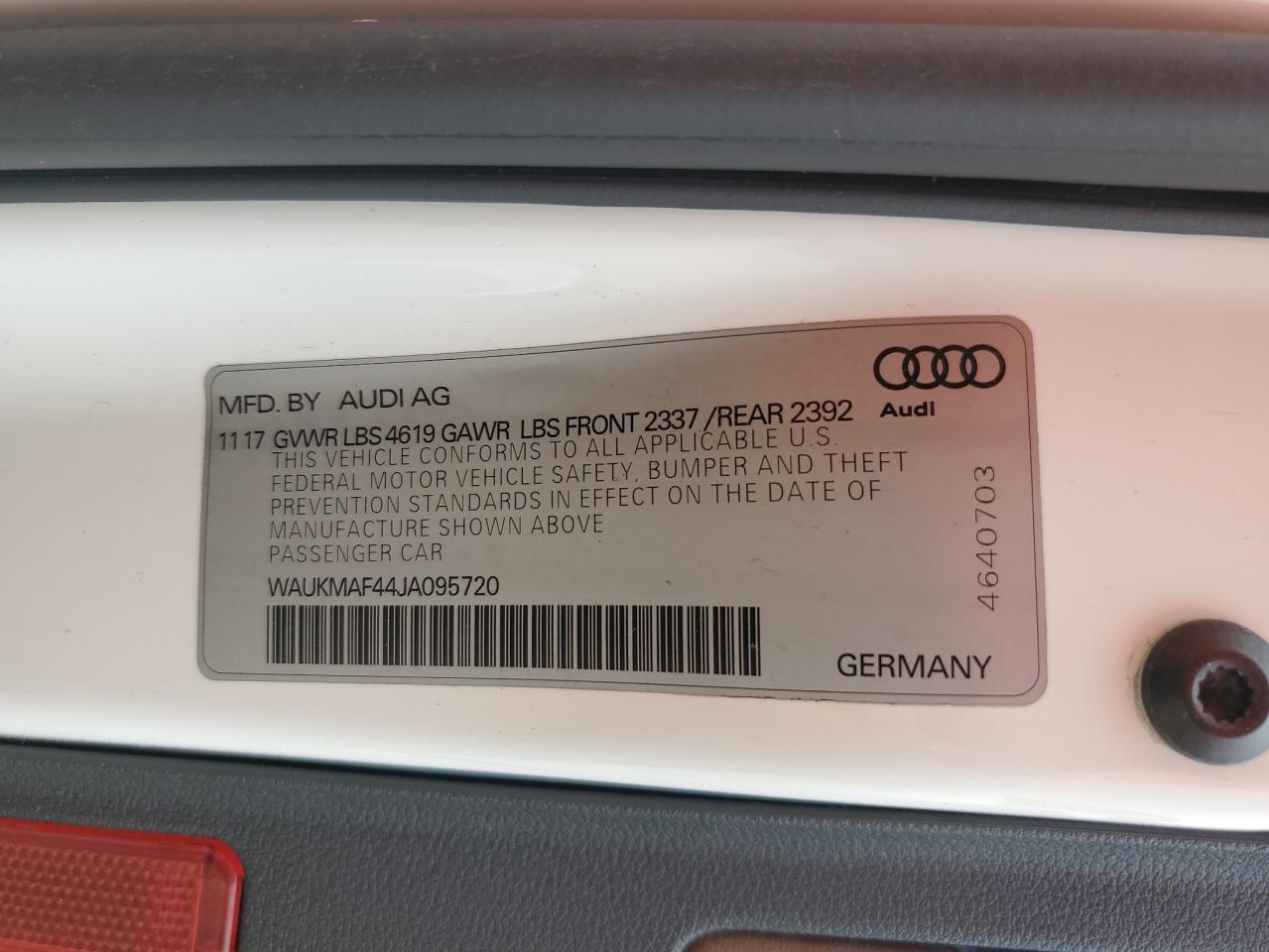 2018 Audi A4 Premium VIN: WAUKMAF44JA095720 Lot: 60700705