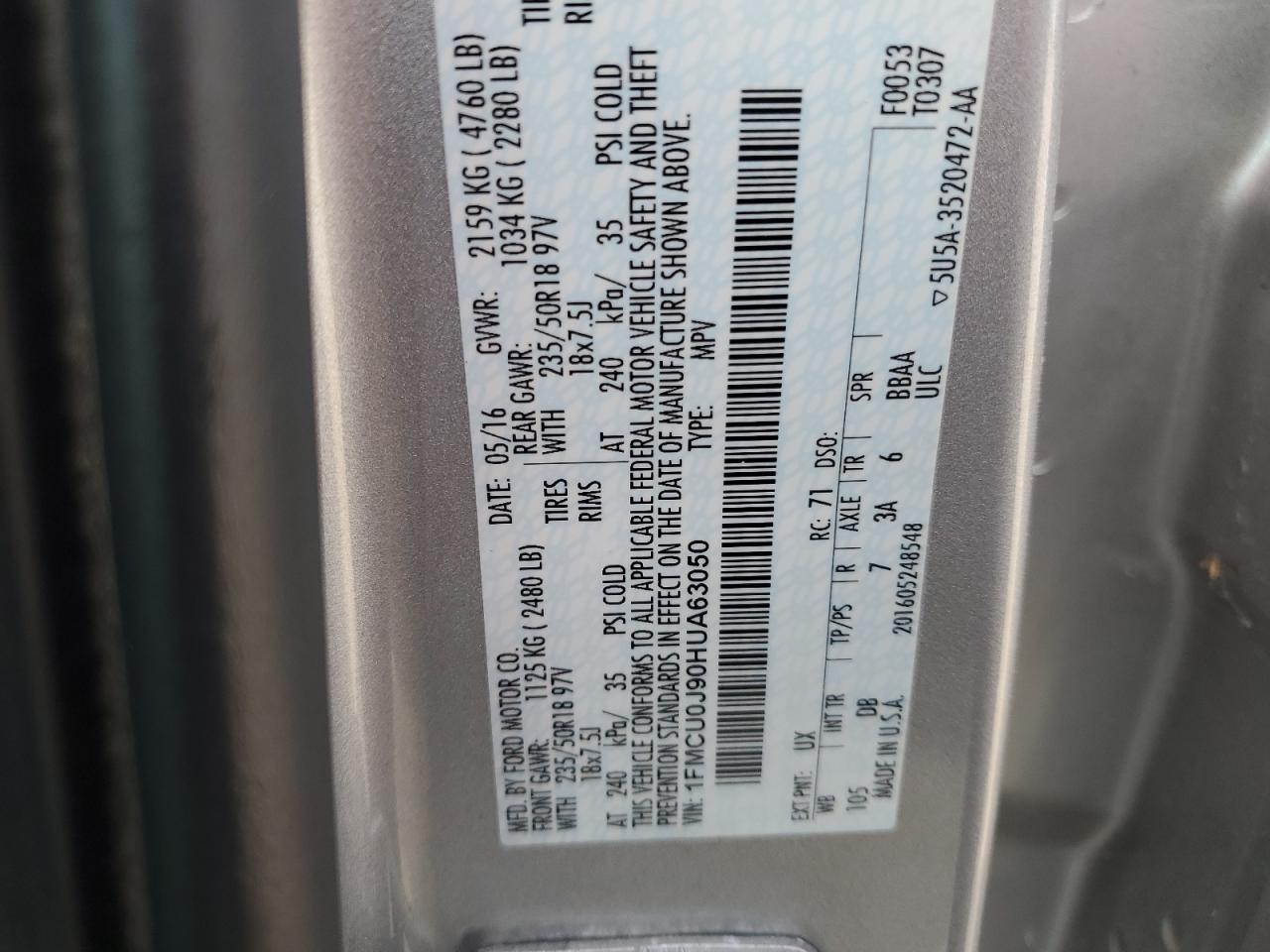 1FMCU0J90HUA63050 FORD ESCAPE 2017