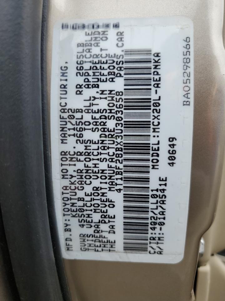 2003 Toyota Avalon Xl VIN: 4T1BF28BX3U303658 Lot: 62907455
