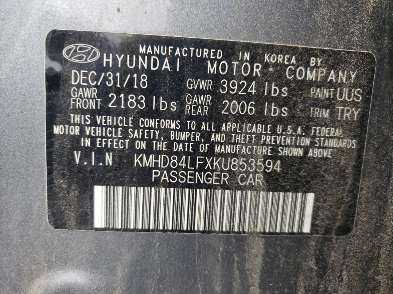 2019 Hyundai Elantra Sel VIN: KMHD84LFXKU853594 Lot: 60958825