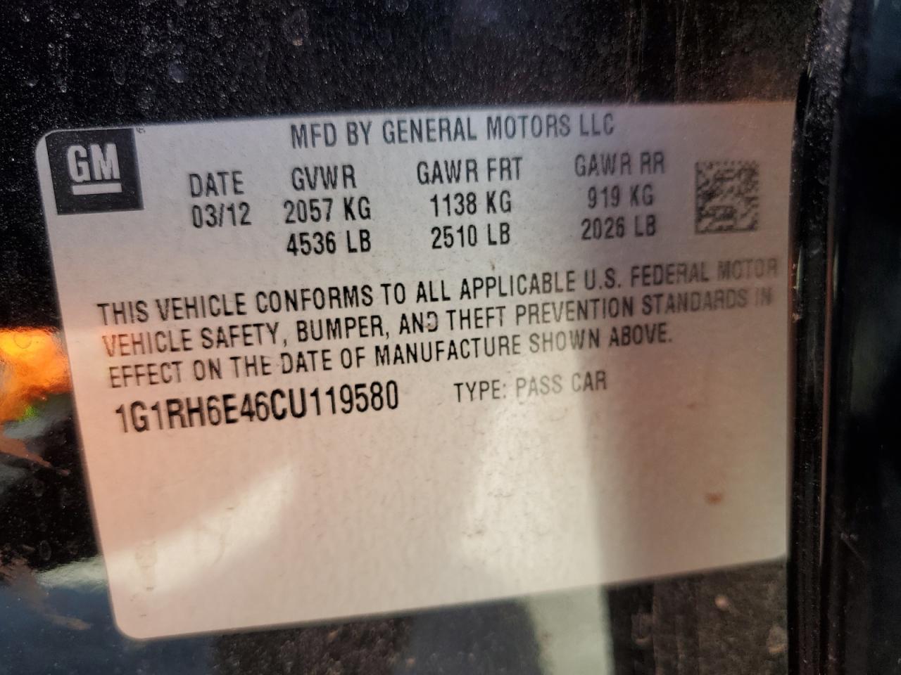2012 Chevrolet Volt VIN: 1G1RH6E46CU119580 Lot: 60852055