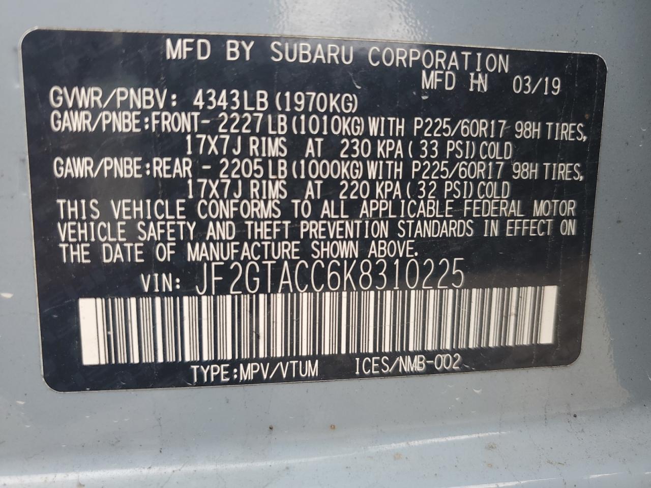 2019 Subaru Crosstrek Premium VIN: JF2GTACC6K8310225 Lot: 61569125