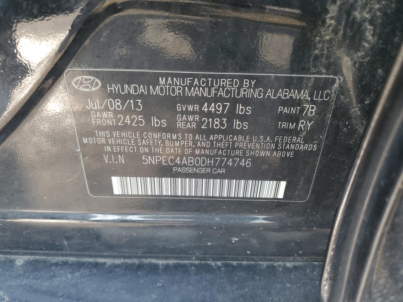 2013 Hyundai Sonata Se VIN: 5NPEC4AB0DH774746 Lot: 62287965