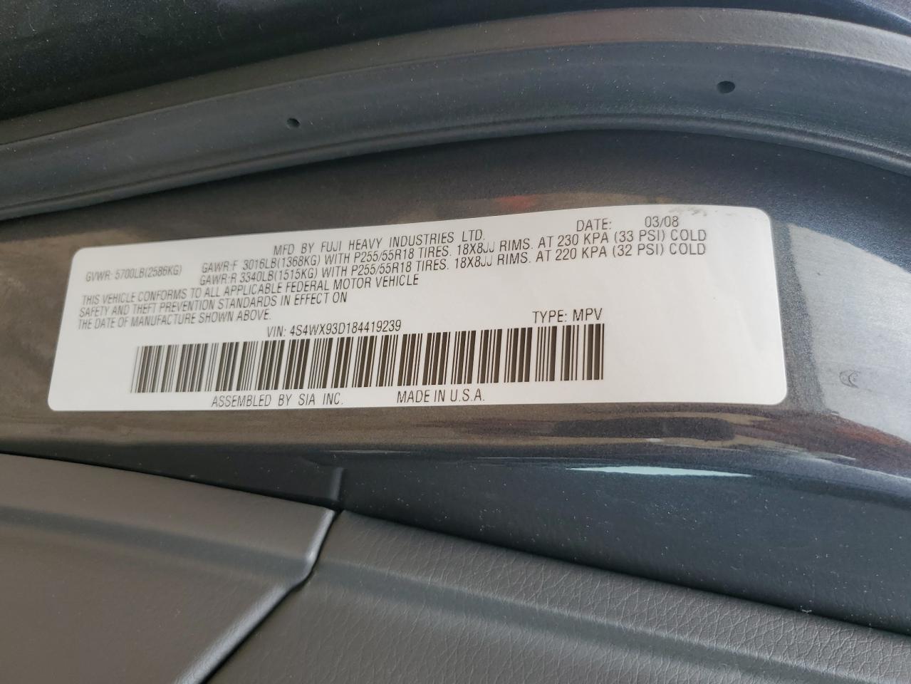 2008 Subaru Tribeca Limited VIN: 4S4WX93D184419239 Lot: 60806775
