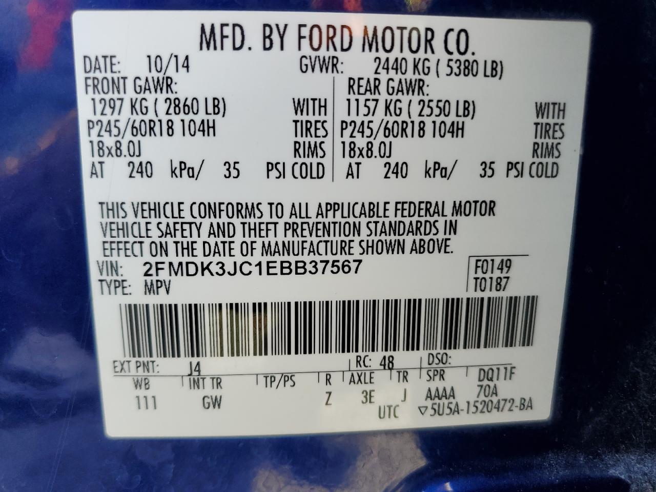 2014 Ford Edge Sel VIN: 2FMDK3JC1EBB37567 Lot: 62771325