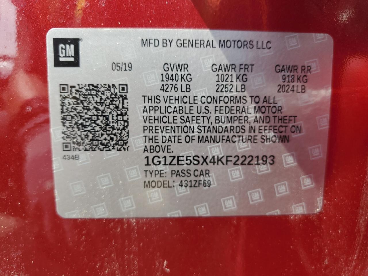 2019 Chevrolet Malibu Premier VIN: 1G1ZE5SX4KF222193 Lot: 62448535