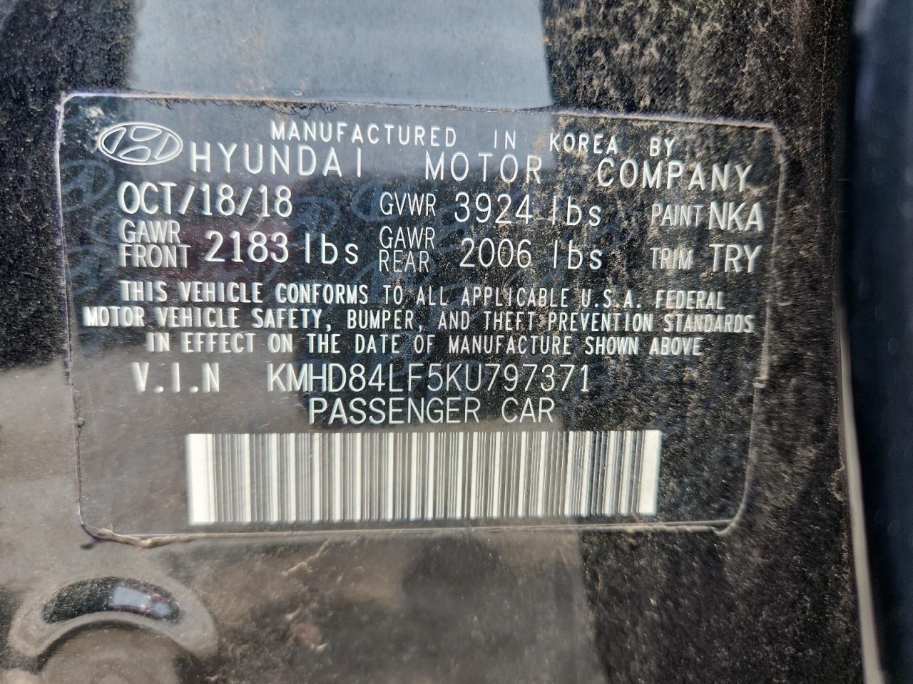 2019 Hyundai Elantra Sel VIN: KMHD84LF5KU797371 Lot: 61240875