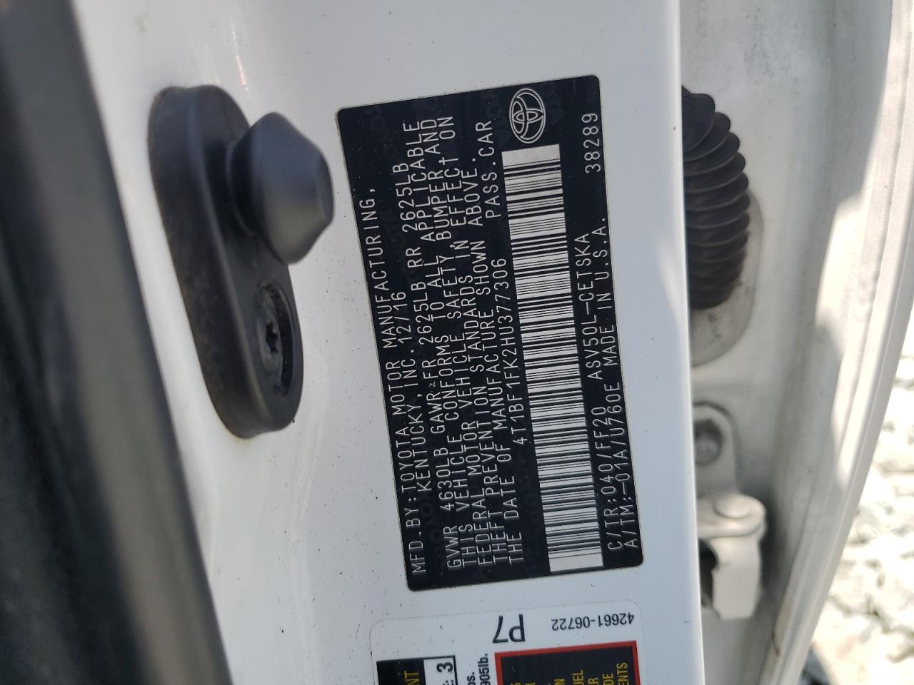 4T1BF1FK2HU377306 TOYOTA CAMRY 2017