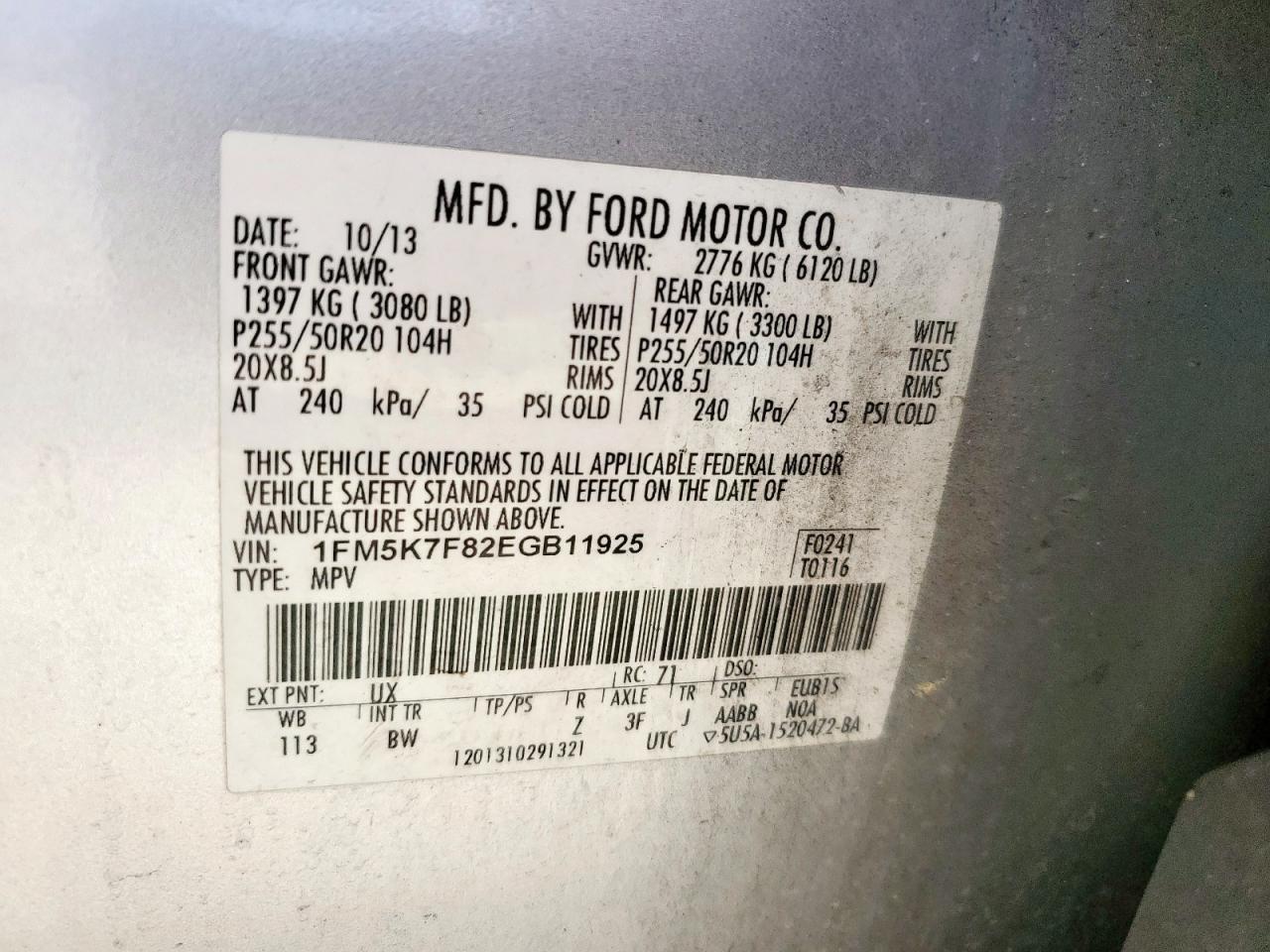 2014 Ford Explorer Limited VIN: 1FM5K7F82EGB11925 Lot: 62030665