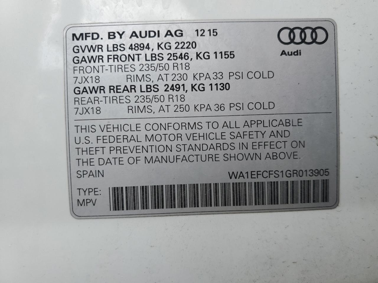 2016 Audi Q3 Premium Plus VIN: WA1EFCFS1GR013905 Lot: 62136425