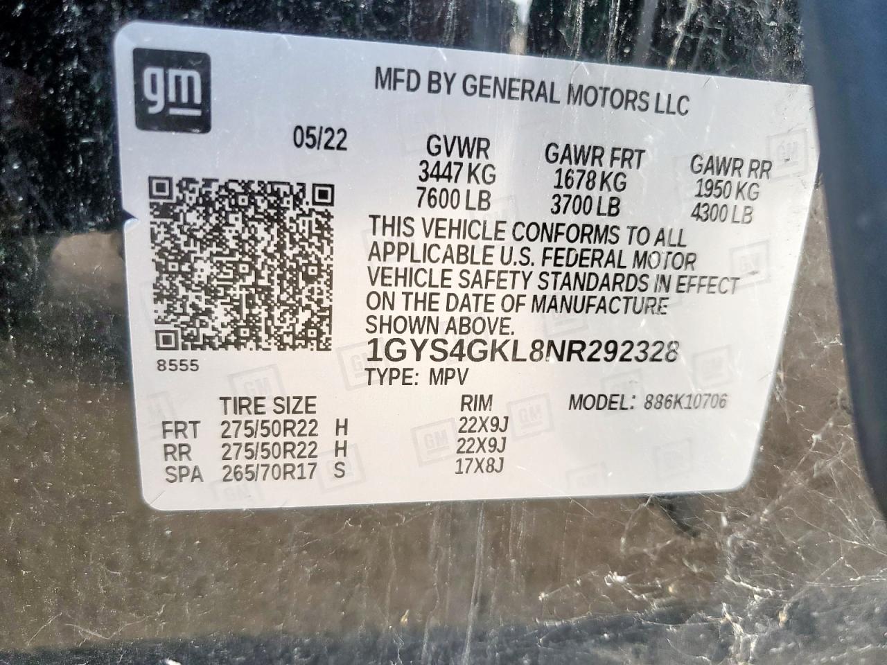 2022 Cadillac Escalade Sport Platinum VIN: 1GYS4GKL8NR292328 Lot: 60058125