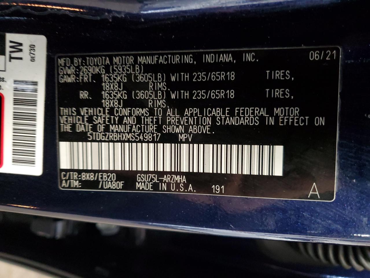 2021 Toyota Highlander Xle VIN: 5TDGZRBHXMS549817 Lot: 62757445