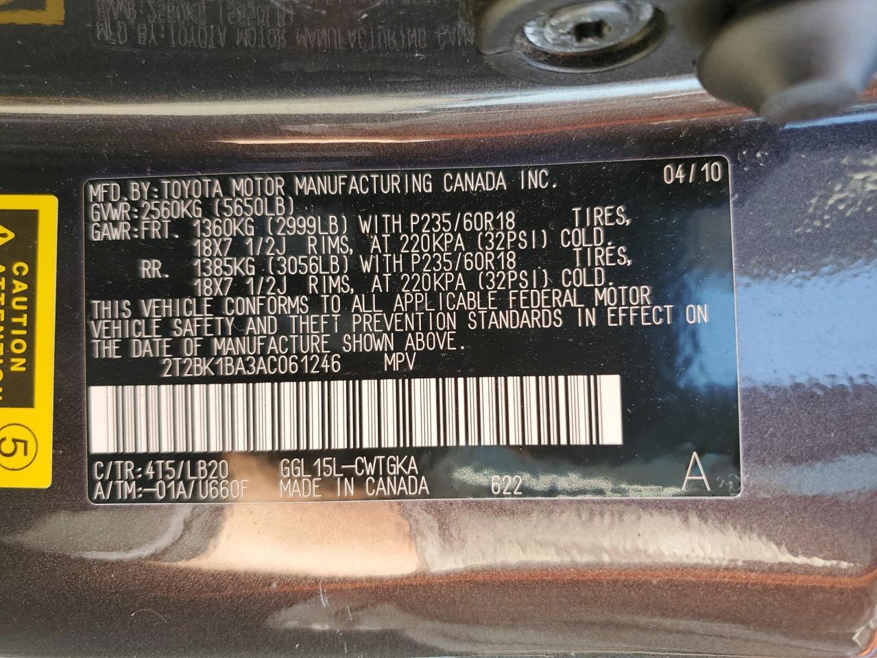 2010 Lexus Rx 350 VIN: 2T2BK1BA3AC061246 Lot: 62388975