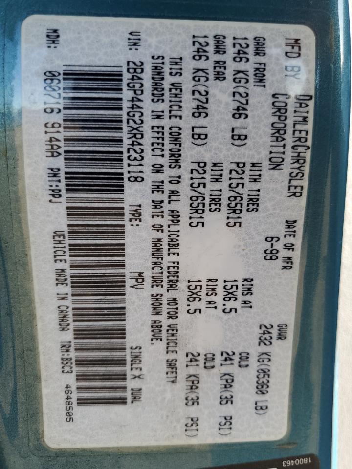 1999 Dodge Grand Caravan Se VIN: 2B4GP44G2XR423118 Lot: 60329285