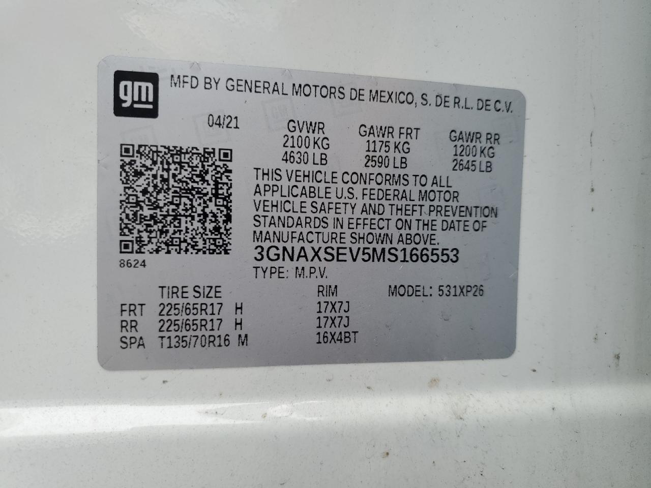 3GNAXSEV5MS166553 CHEVROLET EQUINOX 2021