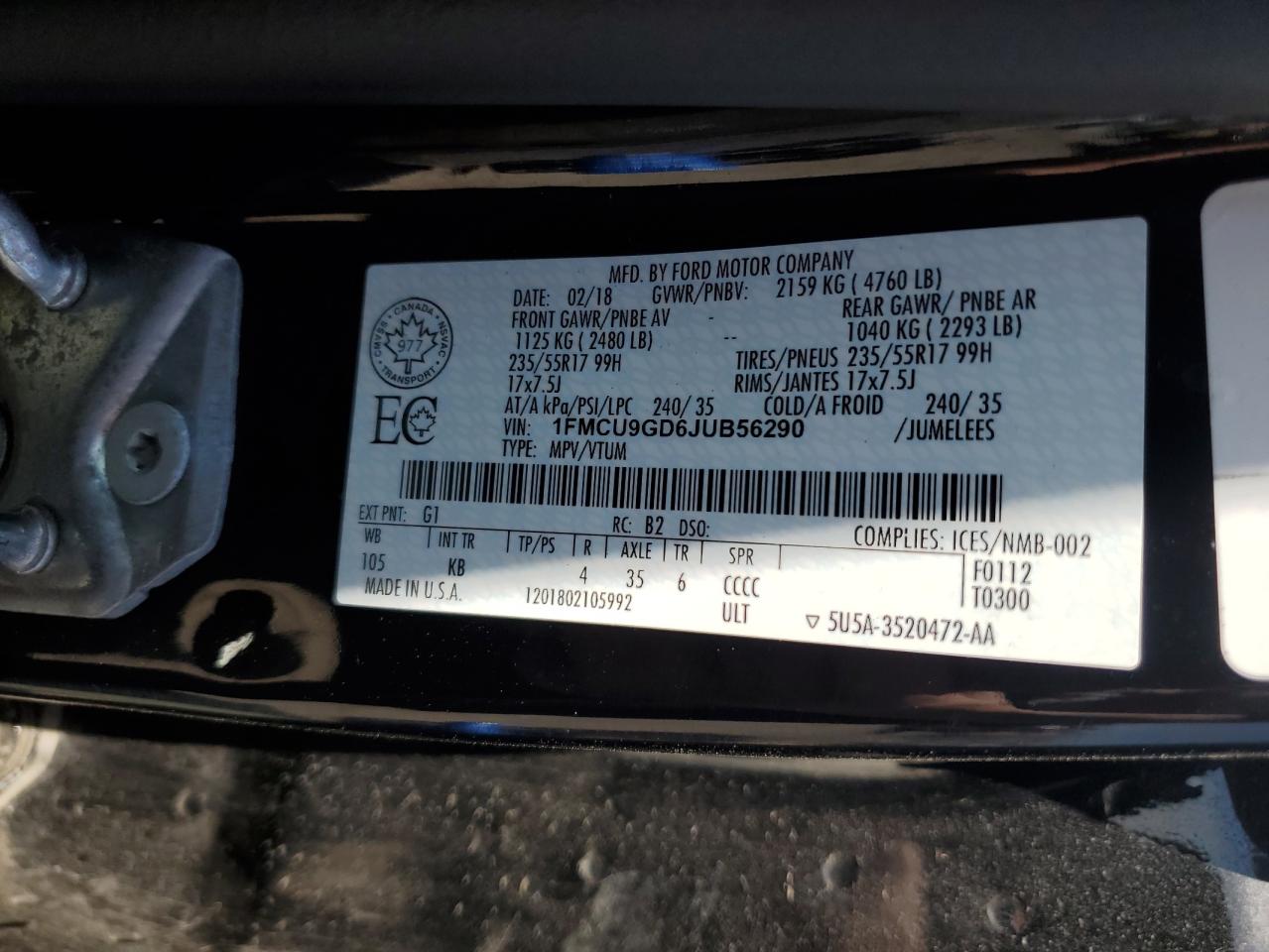 1FMCU9GD6JUB56290 FORD ESCAPE 2018
