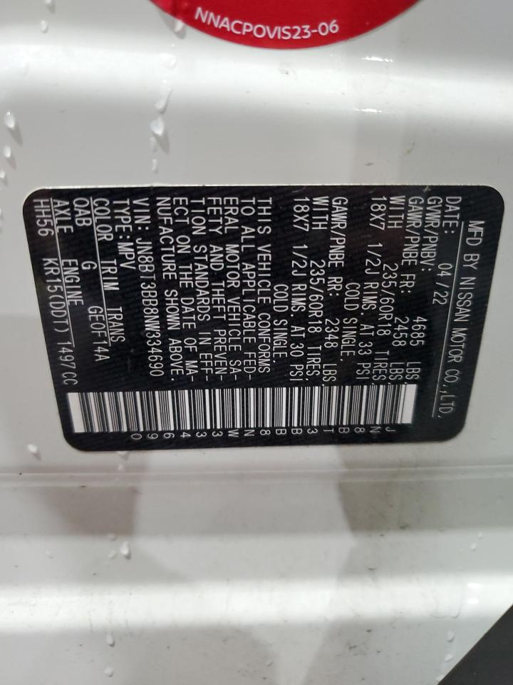 2022 Nissan Rogue Sv VIN: JN8BT3BB8NW334690 Lot: 59560455
