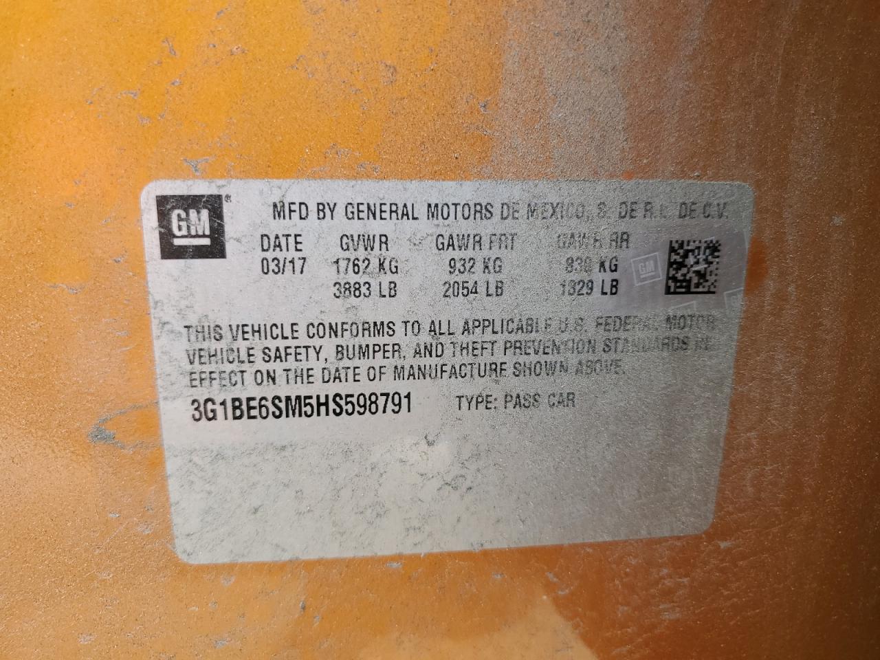 3G1BE6SM5HS598791 CHEVROLET CRUZE 2017