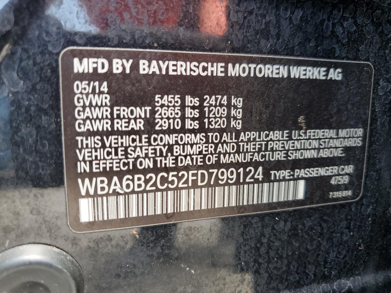 2015 BMW 650 I Gran Coupe VIN: WBA6B2C52FD799124 Lot: 61011475