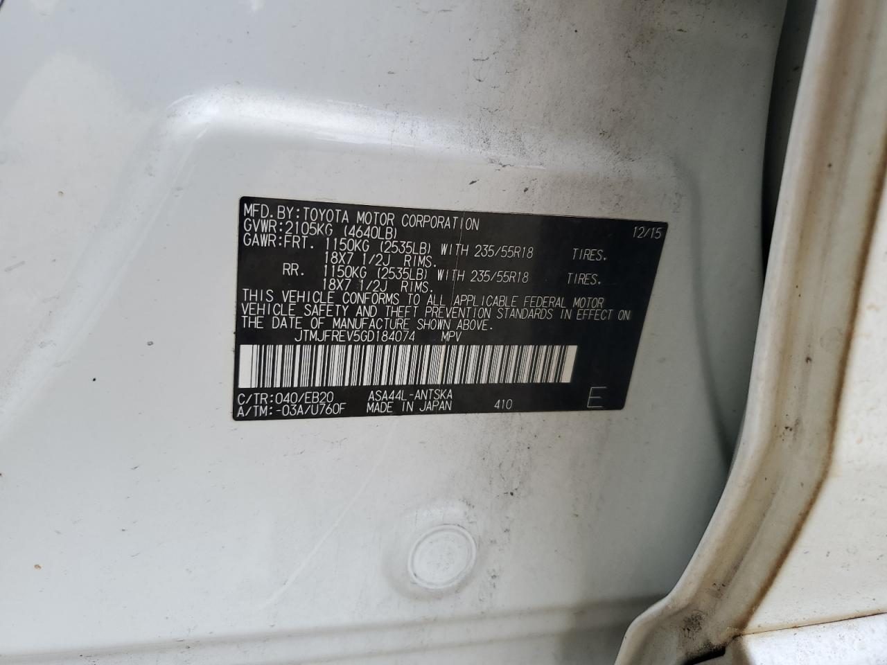 JTMJFREV5GD184074 TOYOTA RAV4 2016
