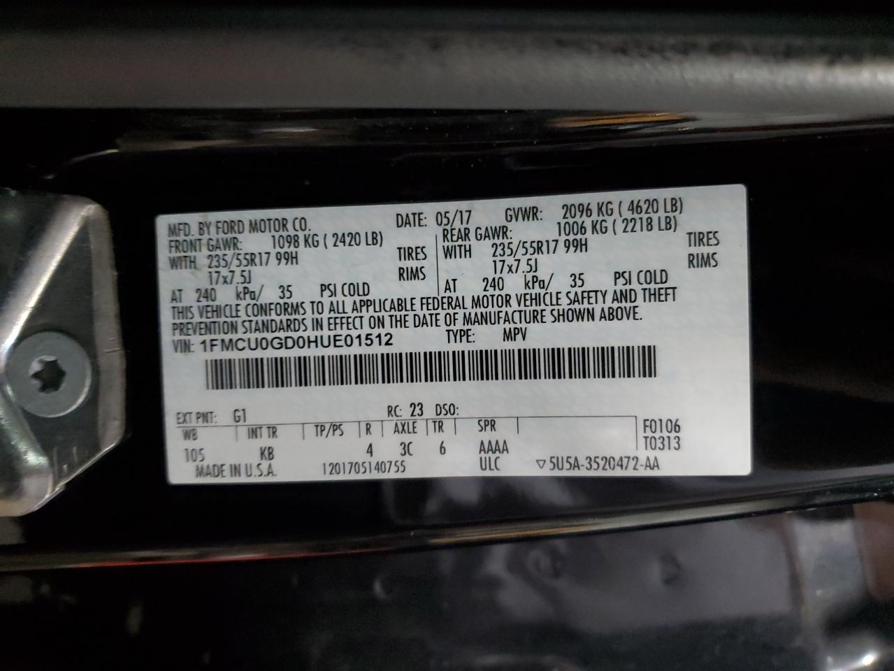 1FMCU0GD0HUE01512 FORD ESCAPE 2017