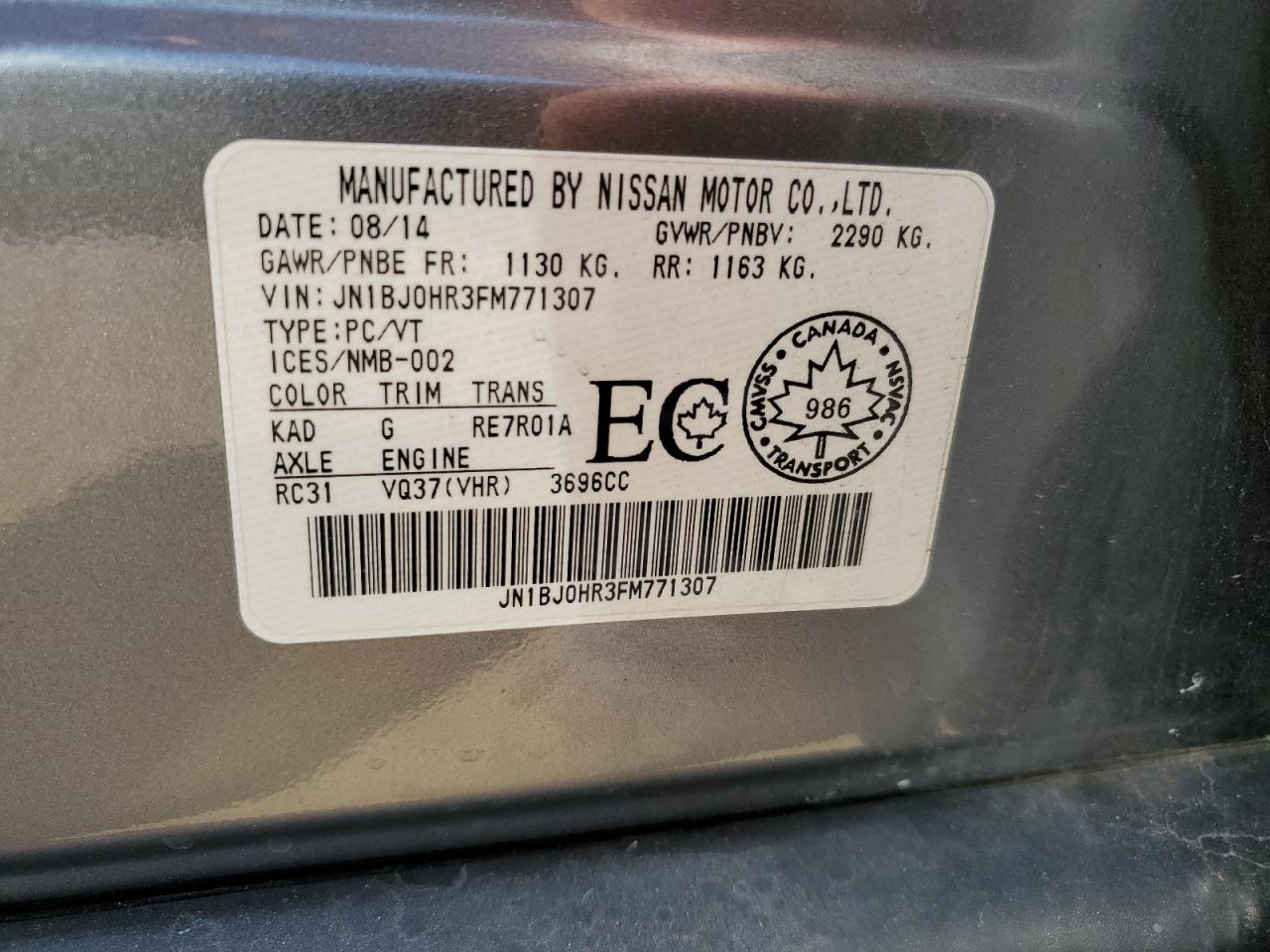 2015 Infiniti Qx50 VIN: JN1BJ0HR3FM771307 Lot: 61848365
