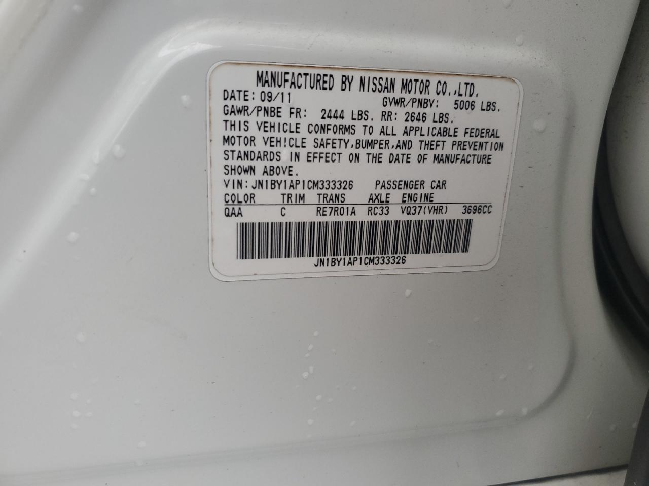 2012 Infiniti M37 VIN: JN1BY1AP1CM333326 Lot: 62180015