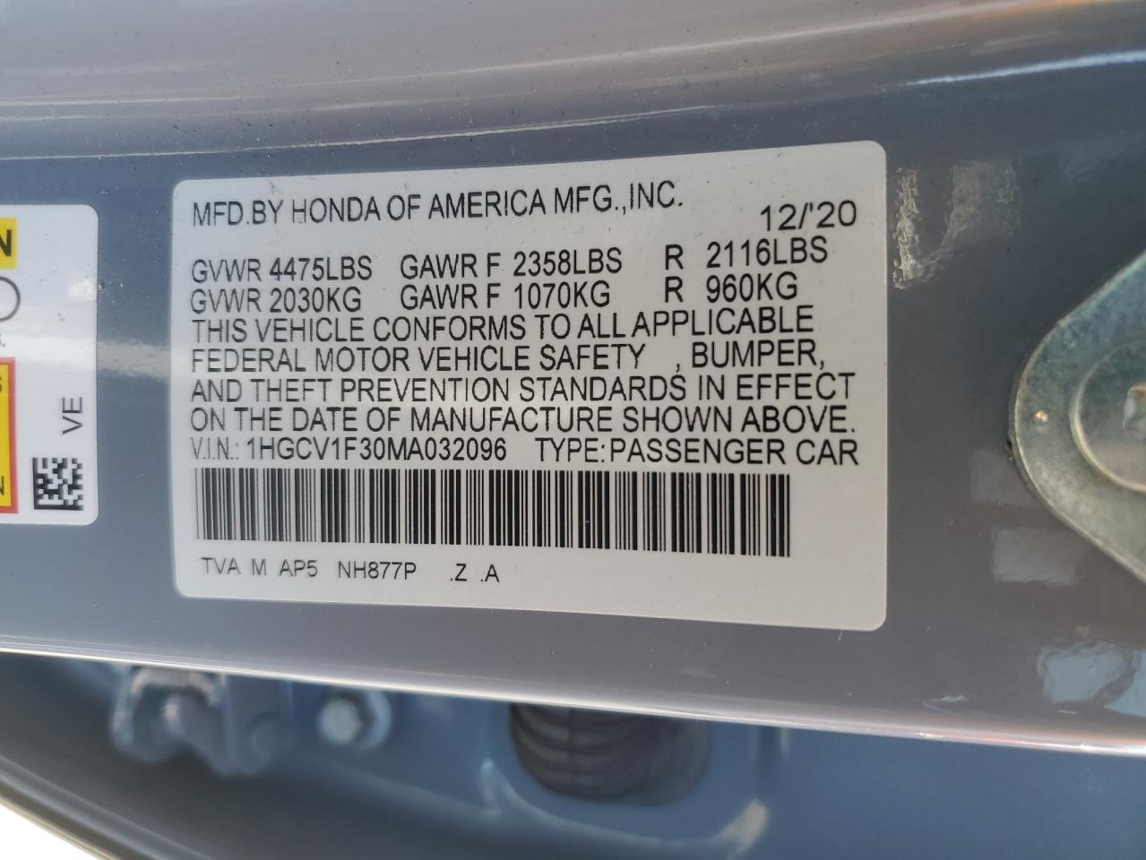 2021 Honda Accord Sport VIN: 1HGCV1F30MA032096 Lot: 61651695