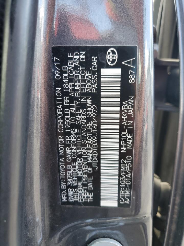 2018 Toyota Prius C VIN: JTDKDTB39J1604972 Lot: 61469035