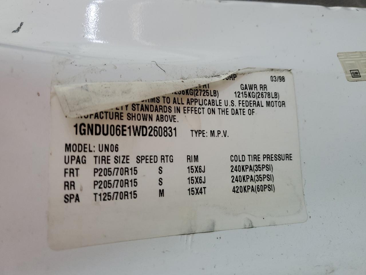 1998 Chevrolet Venture VIN: 1GNDU06E1WD260831 Lot: 58565515