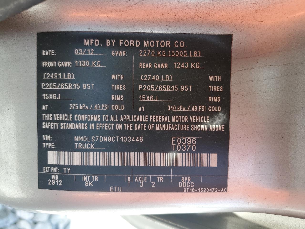 2012 Ford Transit Connect Xlt VIN: NM0LS7DN8CT103446 Lot: 62728385