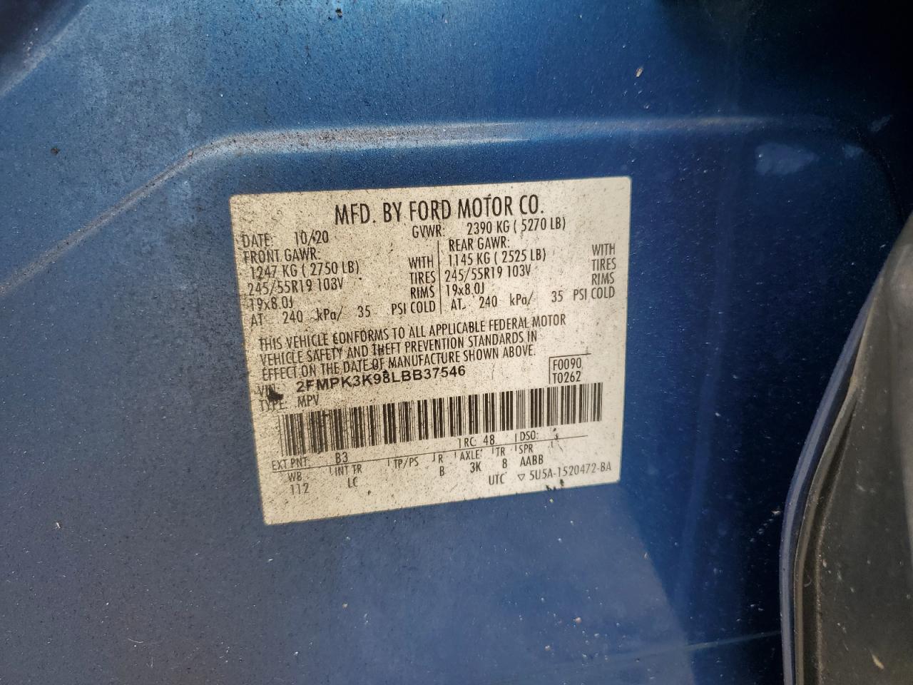 2020 Ford Edge Titanium VIN: 2FMPK3K98LBB37546 Lot: 62852455