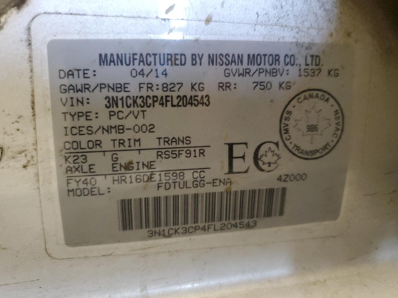 2015 Nissan Micra VIN: 3N1CK3CP4FL204543 Lot: 61774085