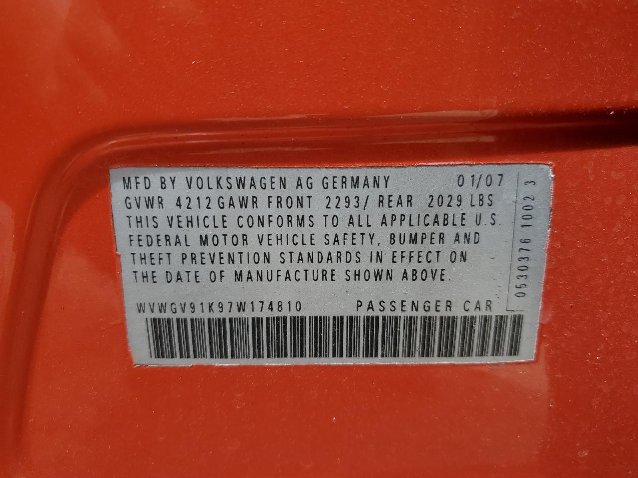 2007 Volkswagen New Gti VIN: WVWGV91K97W174810 Lot: 60296305
