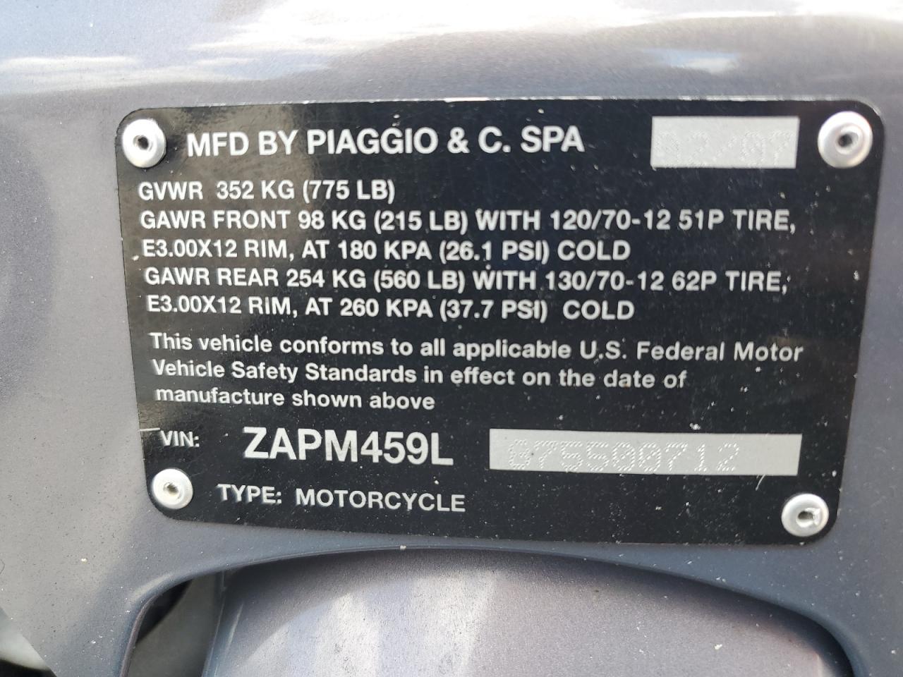 2007 Vespa Gts 250 VIN: ZAPM459L875500712 Lot: 59907025