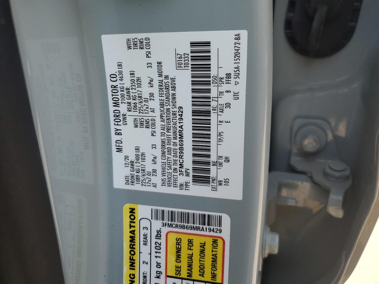 2021 Ford Bronco Sport Big Bend VIN: 3FMCR9B69MRA19429 Lot: 60299645