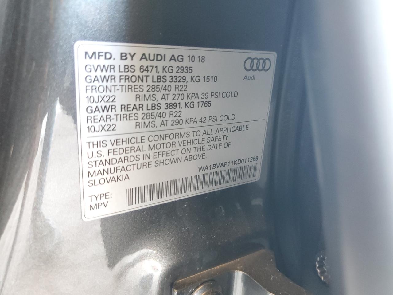 2019 Audi Q8 Premium Plus VIN: WA1BVAF11KD011269 Lot: 62598445