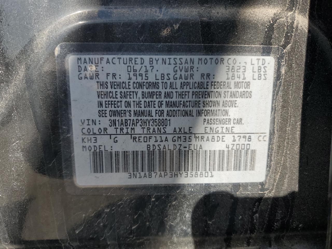 3N1AB7AP3HY358801 NISSAN SENTRA 2017