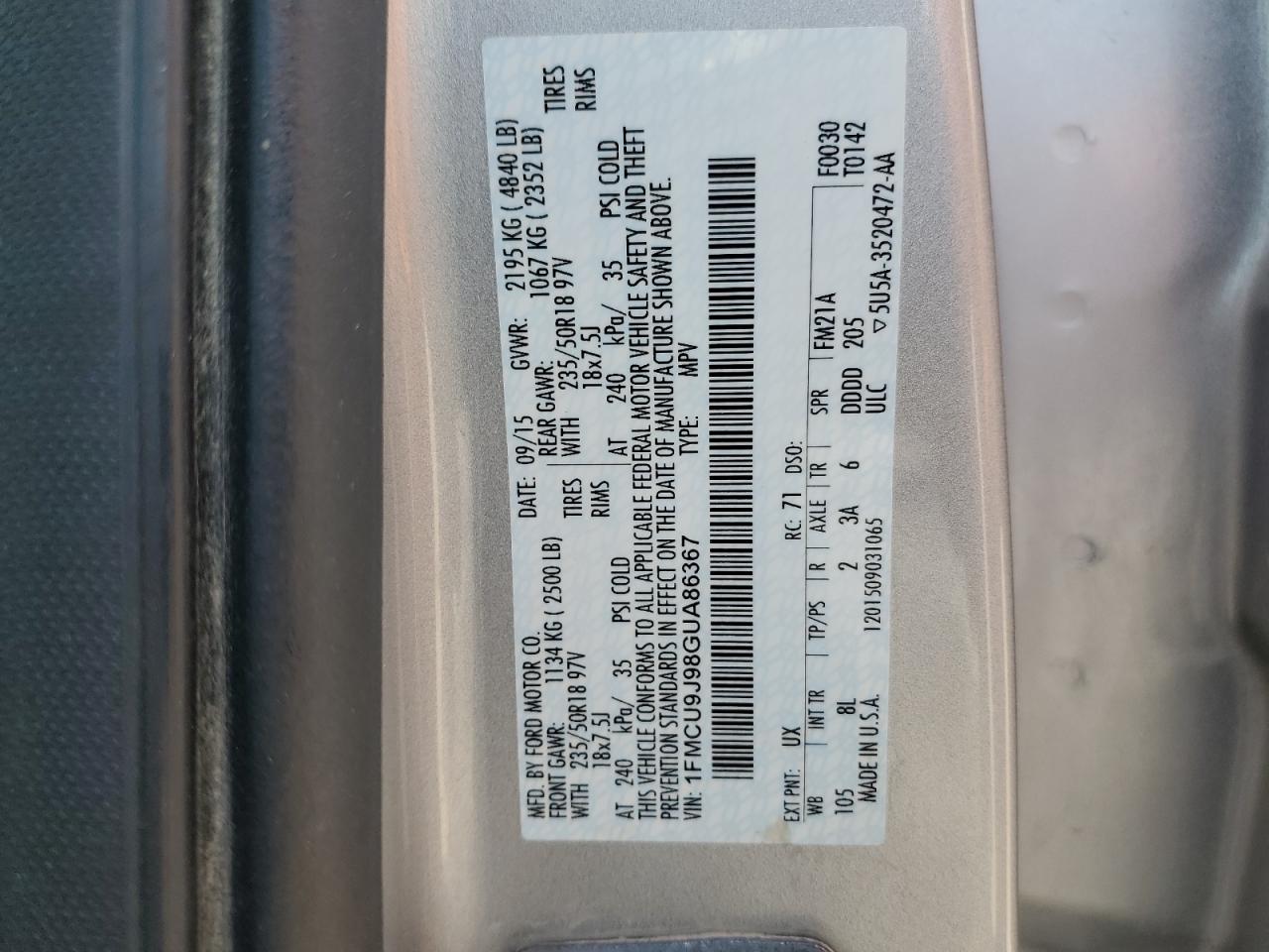FORD ESCAPE 2016 VIN 1FMCU9J98GUA86367 фото 13