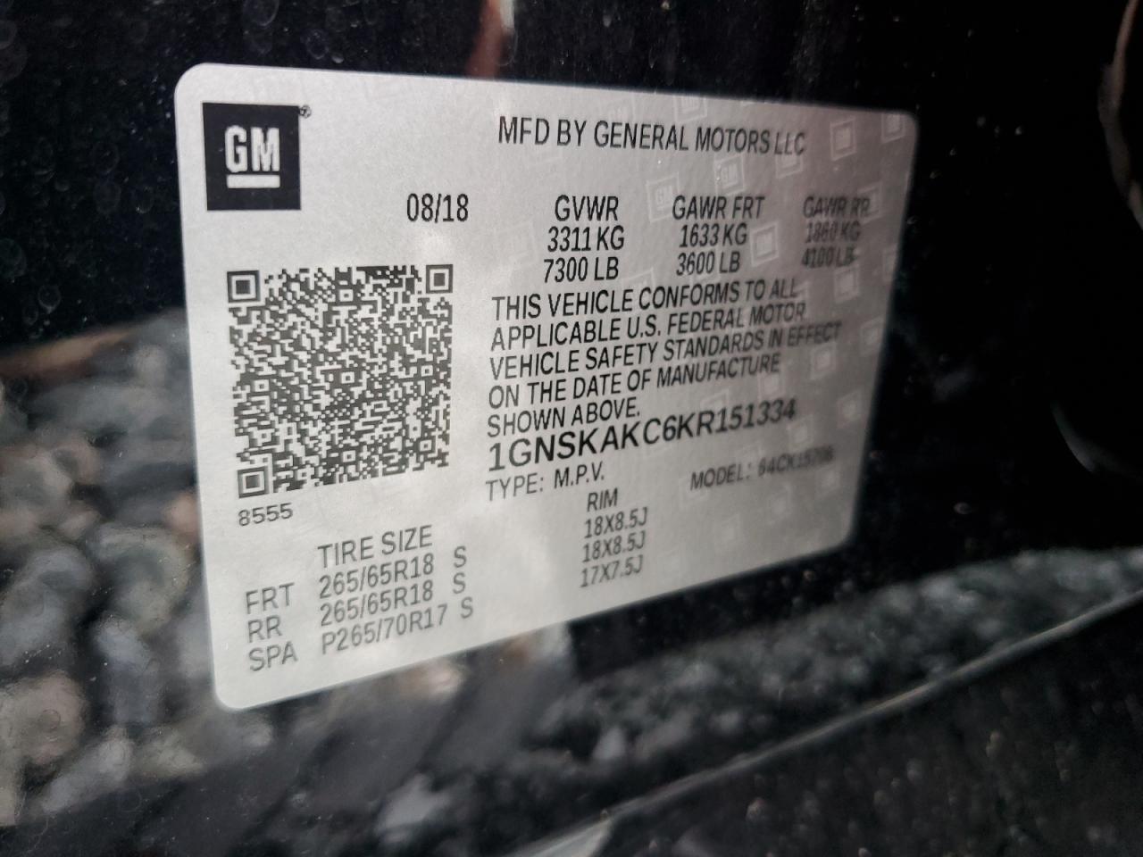 2019 Chevrolet Tahoe K1500 Ls VIN: 1GNSKAKC6KR151334 Lot: 62138085