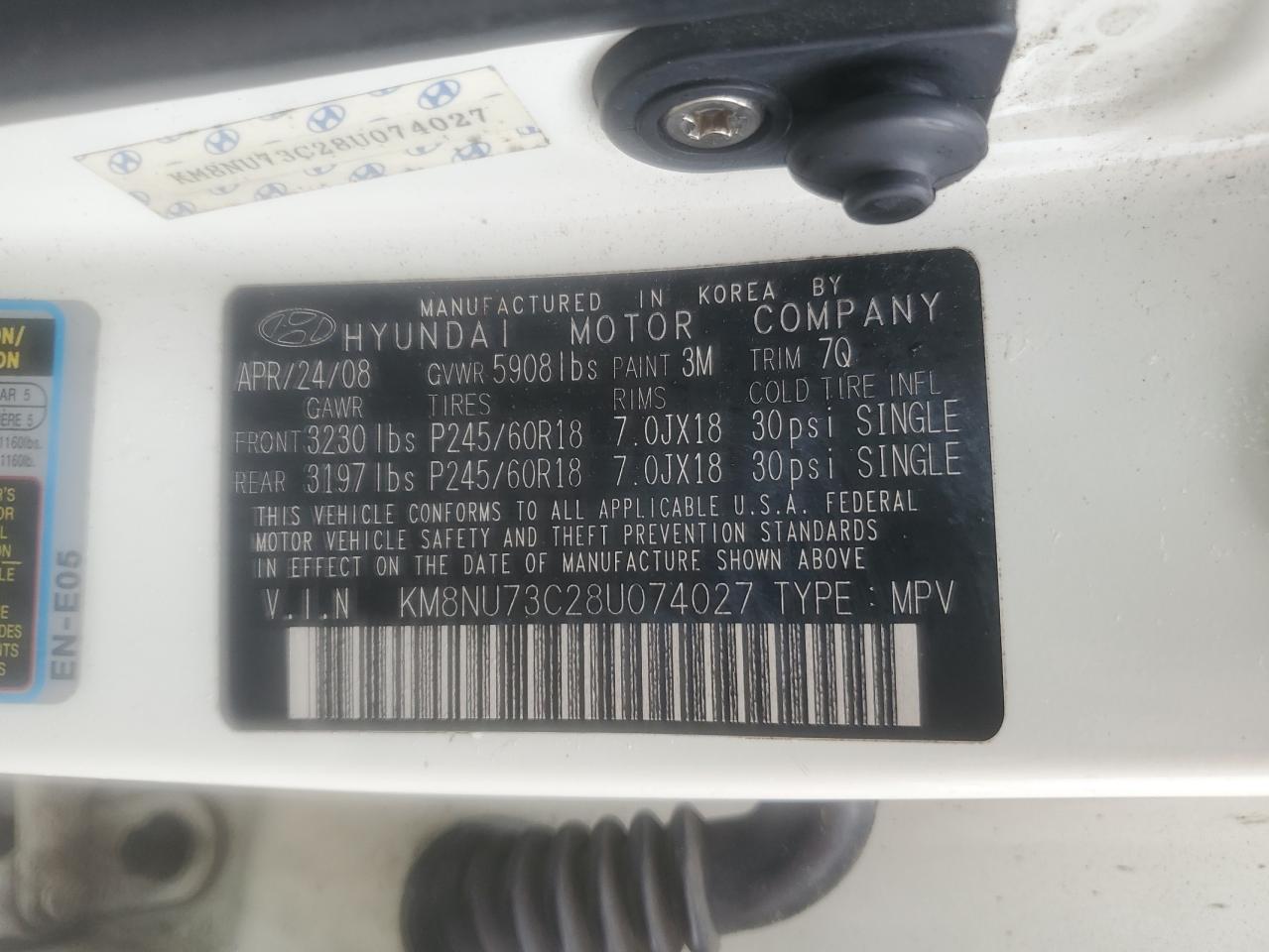 2008 Hyundai Veracruz Gls VIN: KM8NU73C28U074027 Lot: 60882845