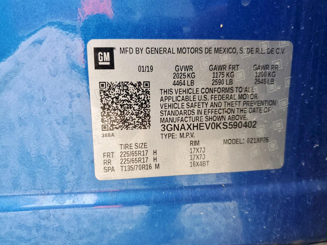 3GNAXHEV0KS590402 CHEVROLET EQUINOX 2019