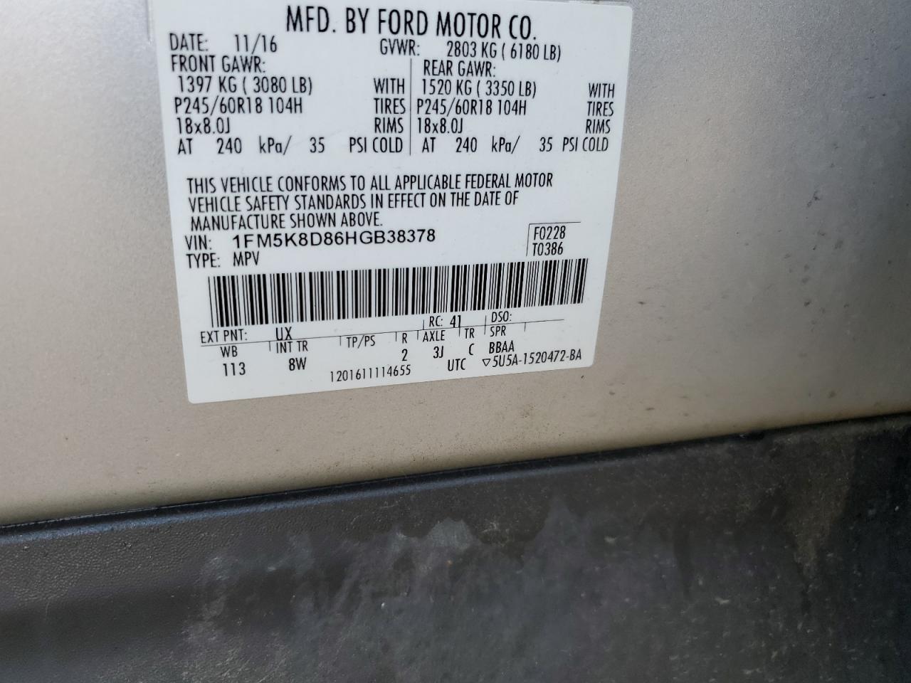 FORD EXPLORER 2017 VIN 1FM5K8D86HGB38378 фото 13