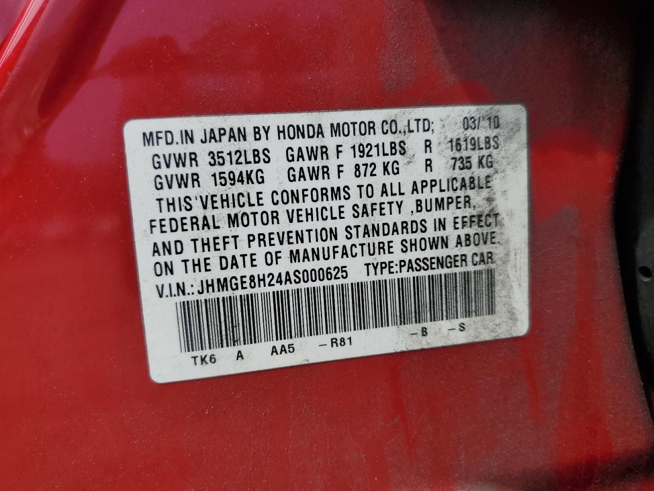 2010 Honda Fit VIN: JHMGE8H24AS000625 Lot: 62691645